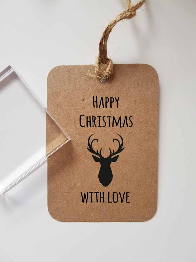 Happy Christmas with Love Deer Head Gift Tag Rubber Stamp Arty Alphabet